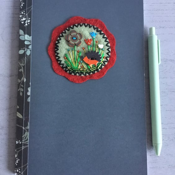 Hand Embroidered Garden Hedgehog Notebook and Pen Set