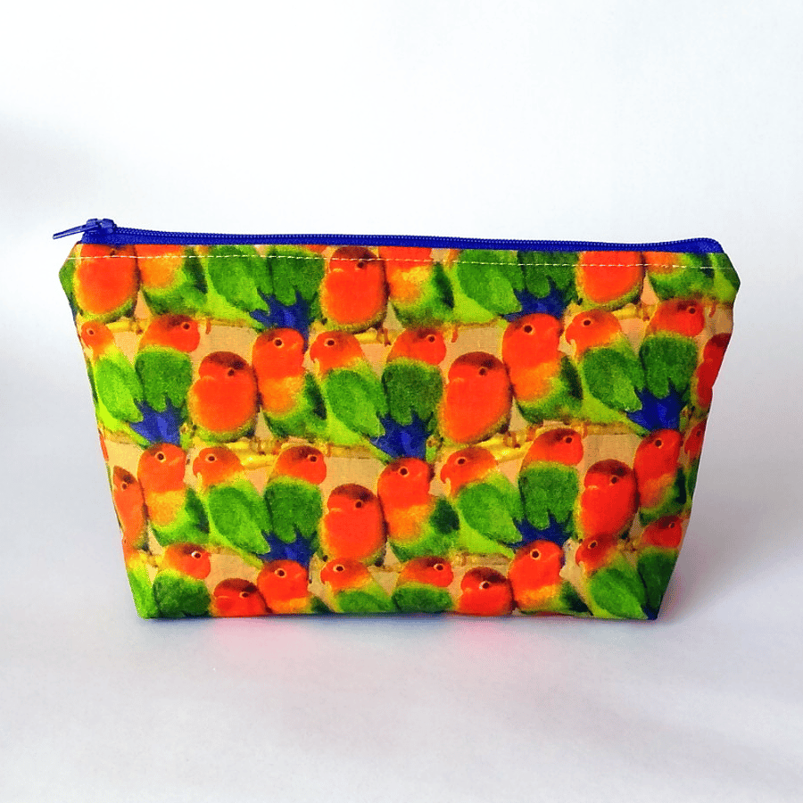 Lovebirds zipped pouch, make-up bag, parakeets