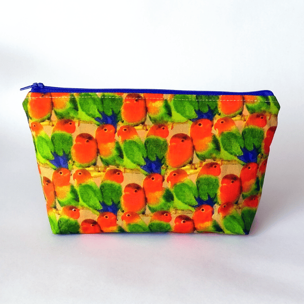 Lovebirds zipped pouch, make-up bag, parakeets