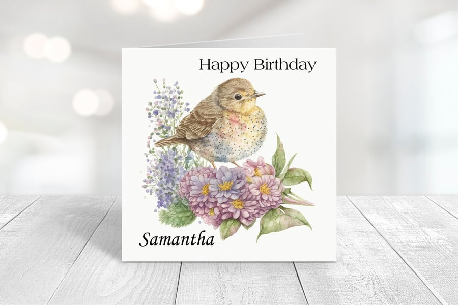 Personalised Spring Birds Birthday Card. Design 9