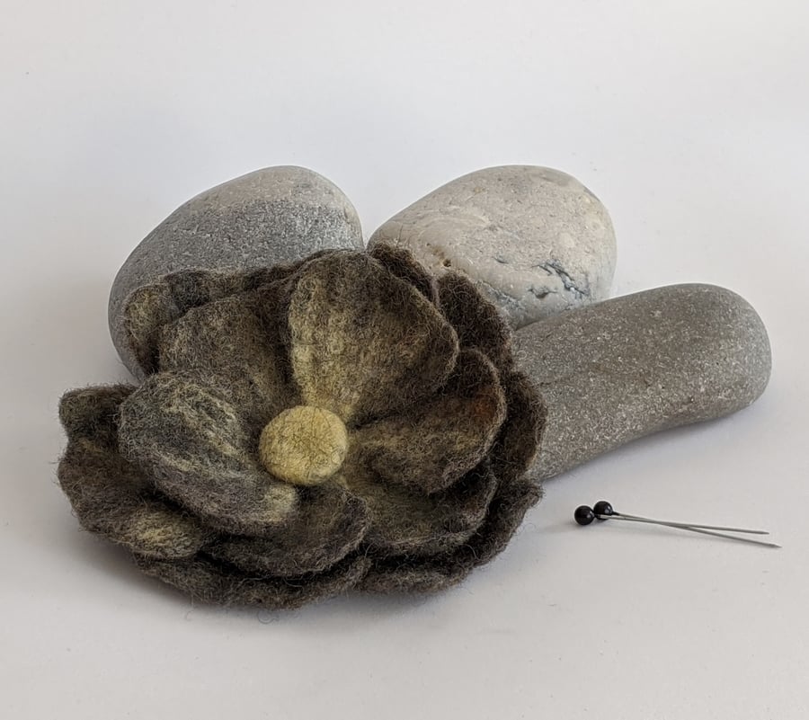Large felted flower brooch - greys and yellow