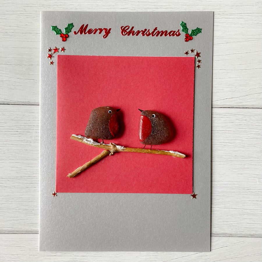 SALE Robin Christmas card made with Cornish sea glass 