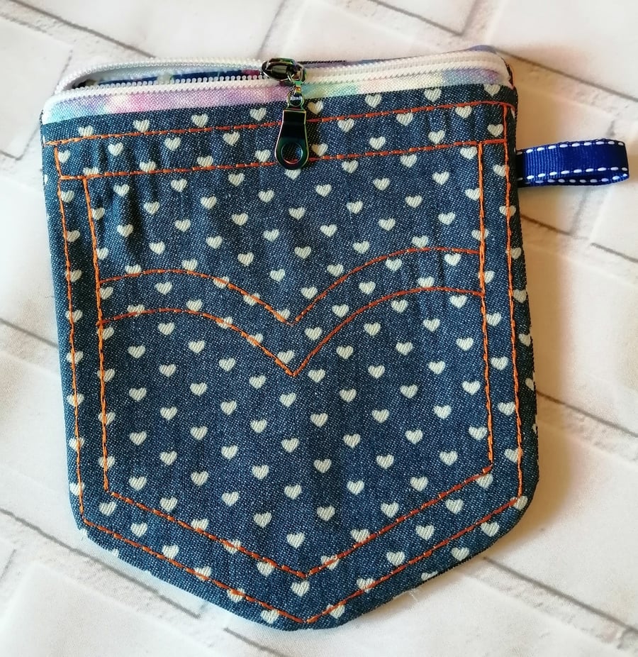 DENIM HEARTS MAKE UP BAG