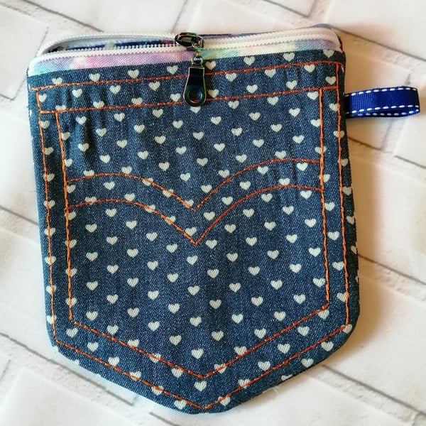 DENIM HEARTS MAKE UP BAG