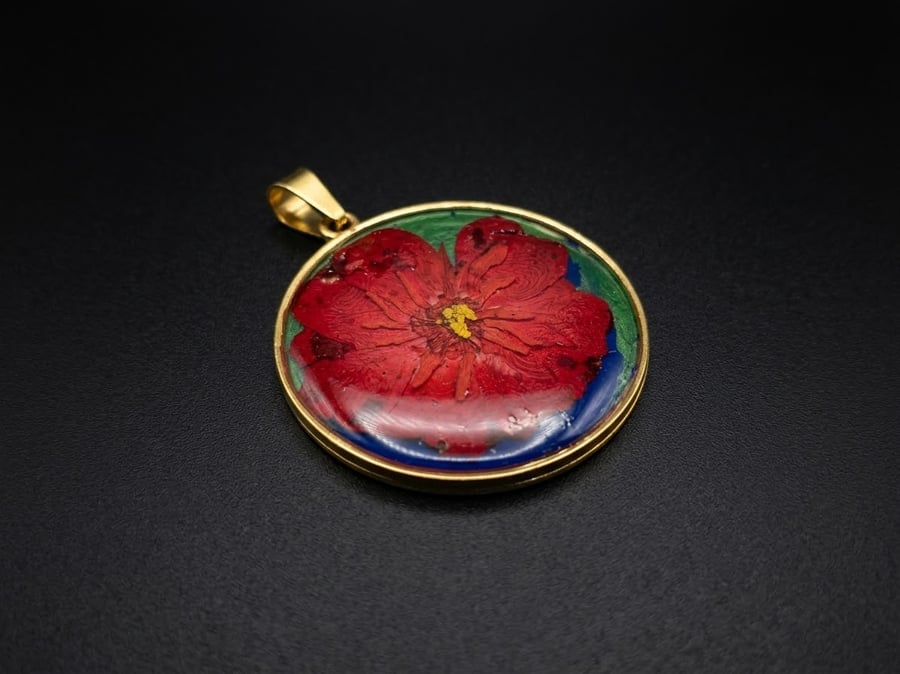 Real Pressed Red Flower Pendant – Handcrafted Resin & Gold Bezel Necklace