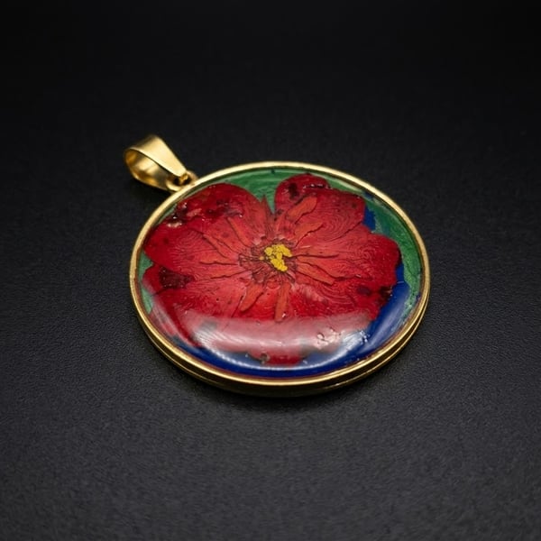 Real Pressed Red Flower Pendant – Handcrafted Resin & Gold Bezel Necklace