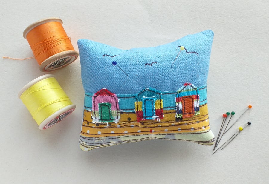 Pin Cushion with Embroidered Beach Huts