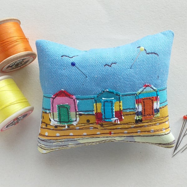 Pin Cushion with Embroidered Beach Huts