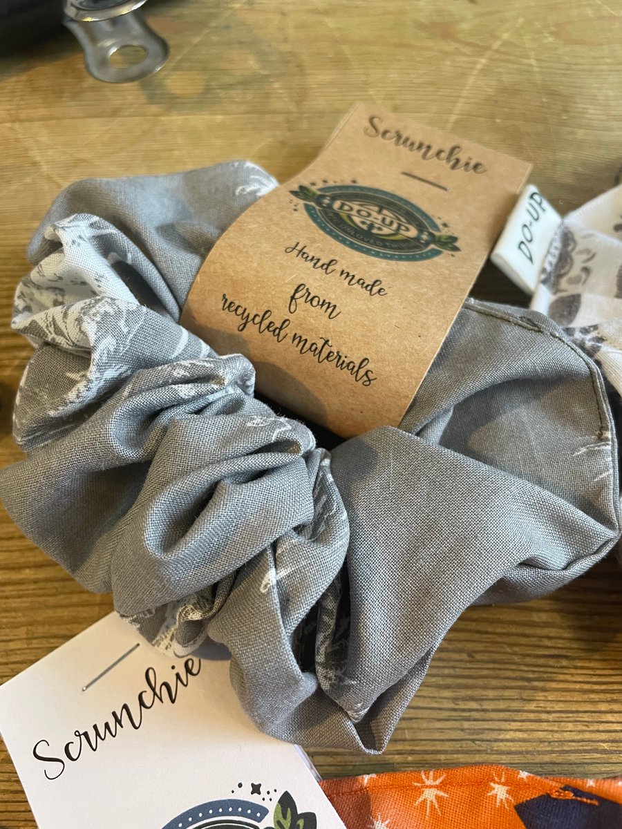 Hand made Eco Scrunchie - Grey & White Floral