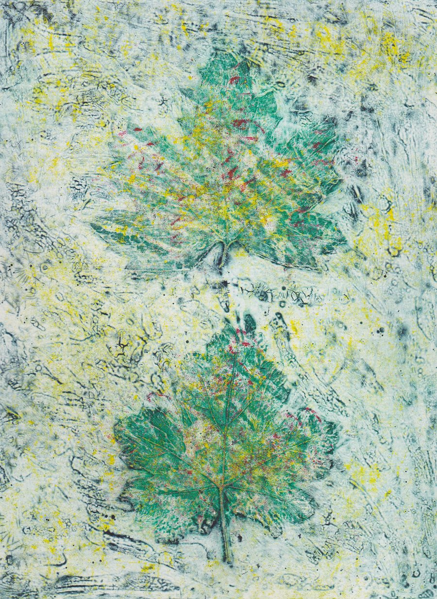 Two Leaves One Off Hand Pulled Collagraph Print 