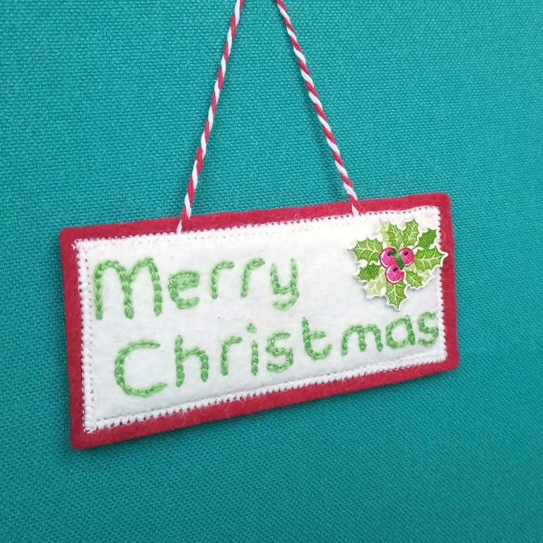 Merry Christmas decoration, hand embroidered felt with holly button