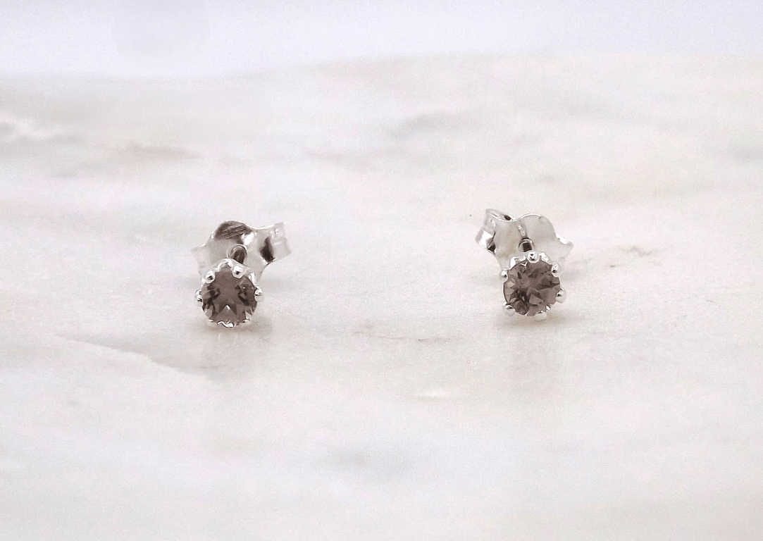 Smoky Quartz Facet 3mm Gemstone 6 Prong Sterling Silver Stud Earrings.