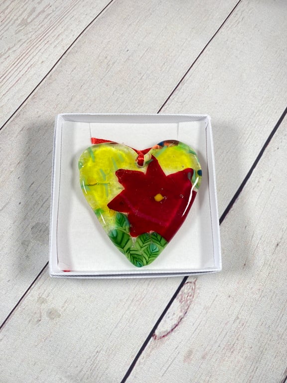Floral  fused glass hanging flower heart
