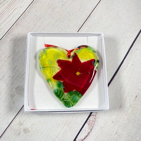Floral  fused glass hanging flower heart