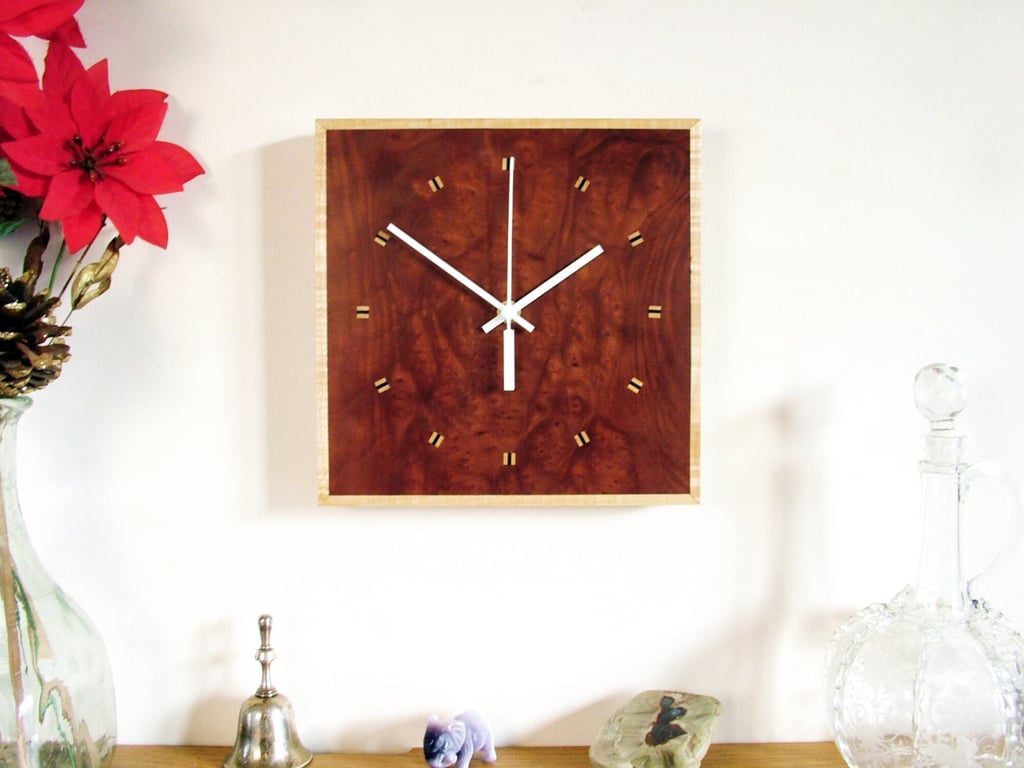 Square Wooden Wall Clock, handmade in Burr Madrona, Sycamore and Old Ebony.