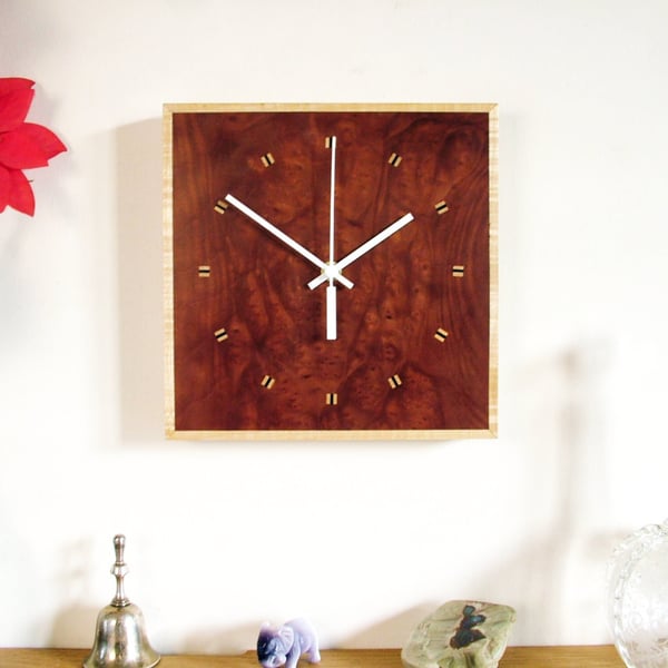 Square Wooden Wall Clock, handmade in Burr Madrona, Sycamore and Old Ebony.