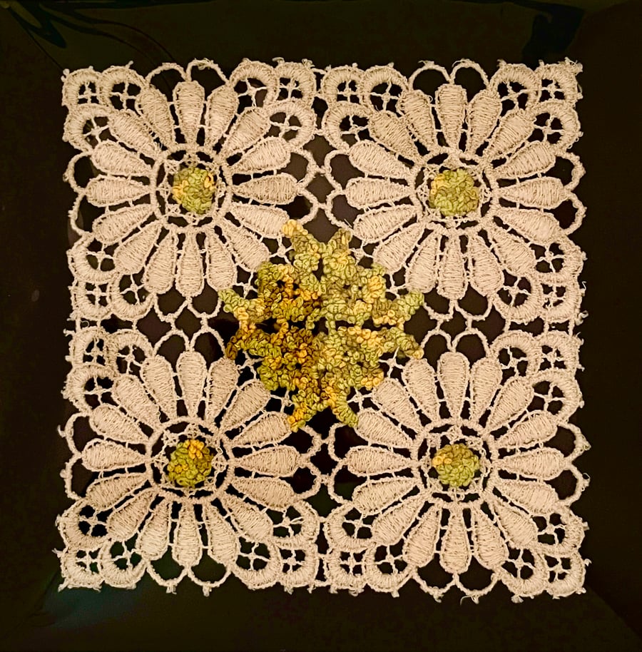 Hand stitched vintage doily embroidery art