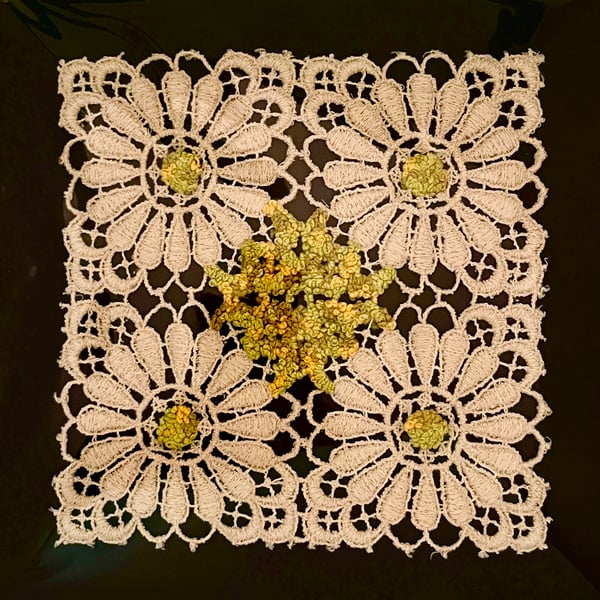 Hand stitched vintage doily embroidery art