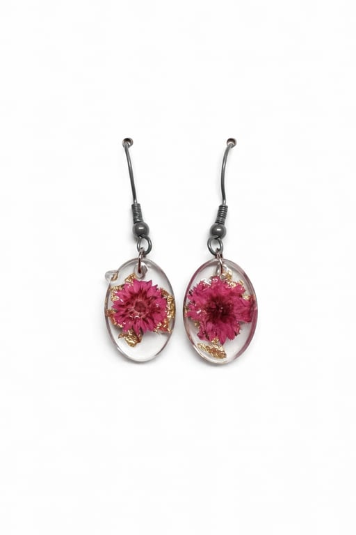 Small Pink Flower Resin Dangle Earrings with Gold Leaf Oval Drops