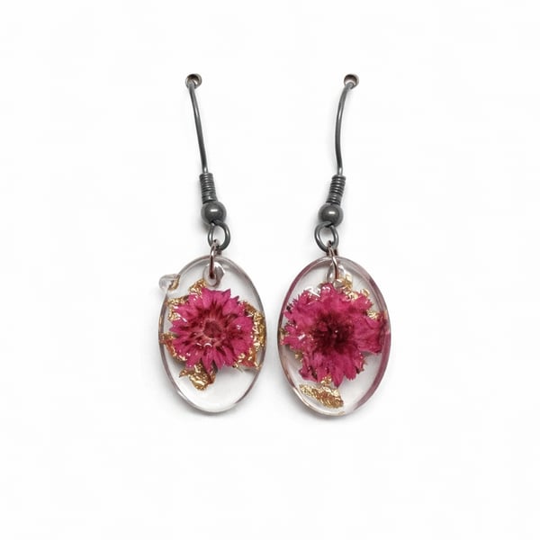 Small Pink Flower Resin Dangle Earrings with Gold Leaf Oval Drops