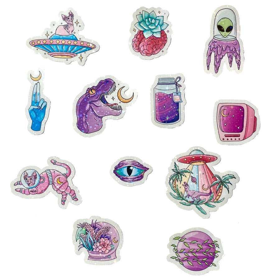 Cute Holographic Alien and Cat Stickers, Planners, Sketchbooks, Laptop Stickers