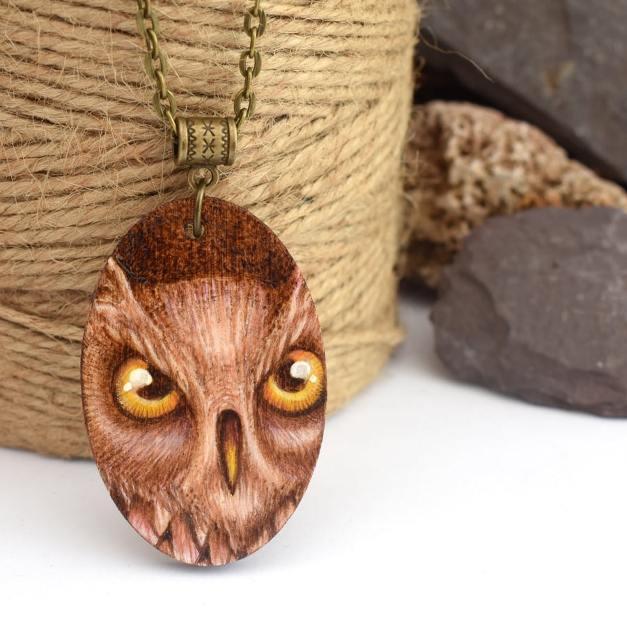I see you, pyrography owl pendant. Wooden Necklace with owl's eyes.