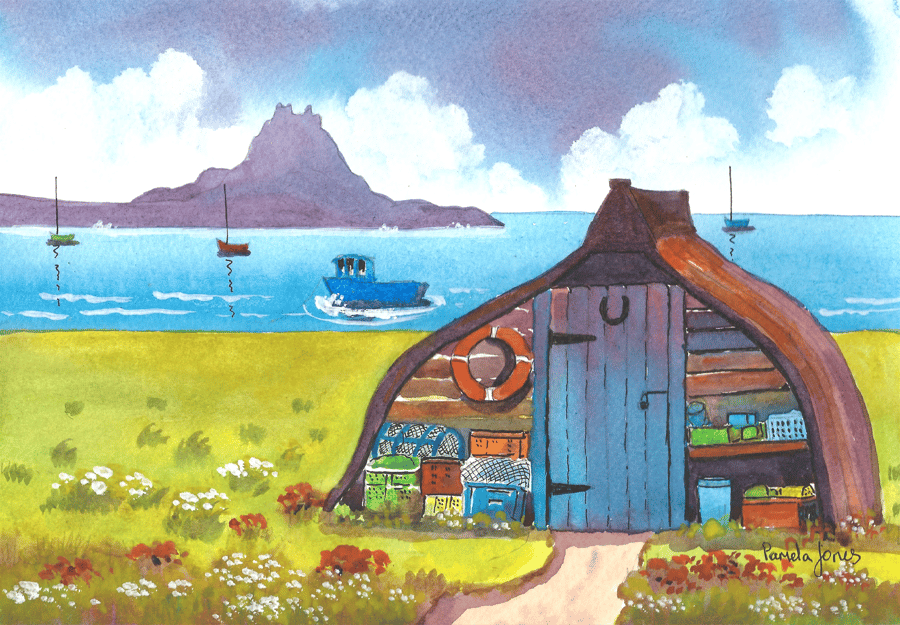 The Boat Shed, Holy Island, Lindisfarne, Watercolour Print, 9n 14 x 11'' Mount