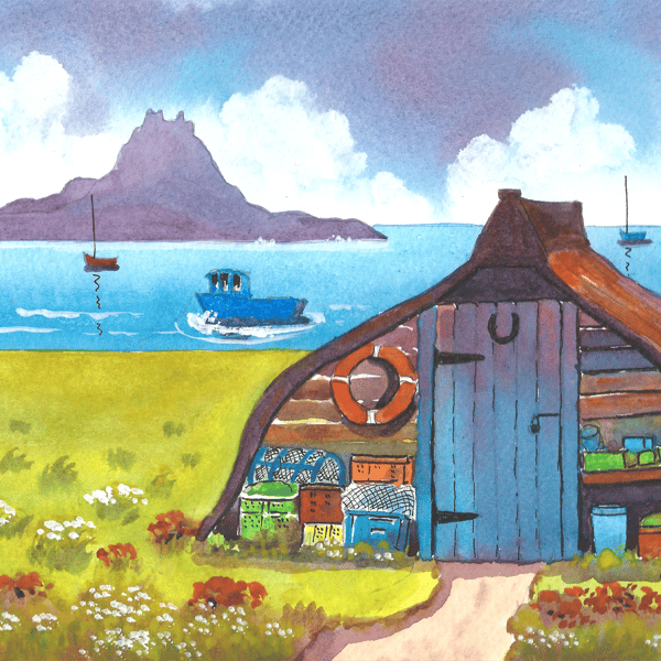 The Boat Shed, Holy Island, Lindisfarne, Watercolour Print, 9n 14 x 11'' Mount