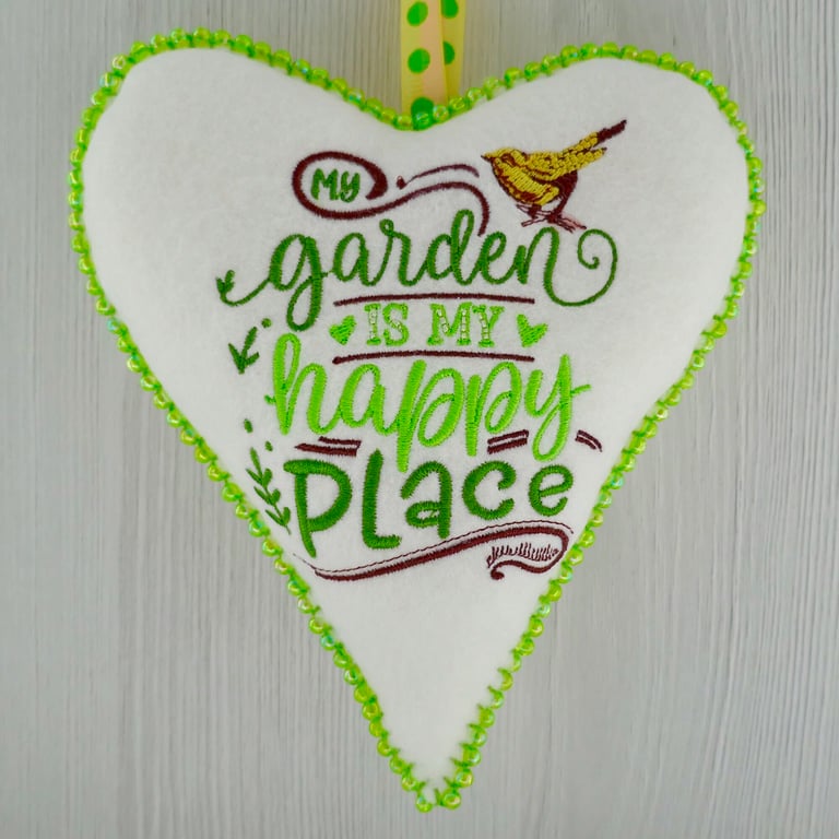 Beaded Felt Heart Decoration: Embroidered My Garden design 6.25” (16cm)
