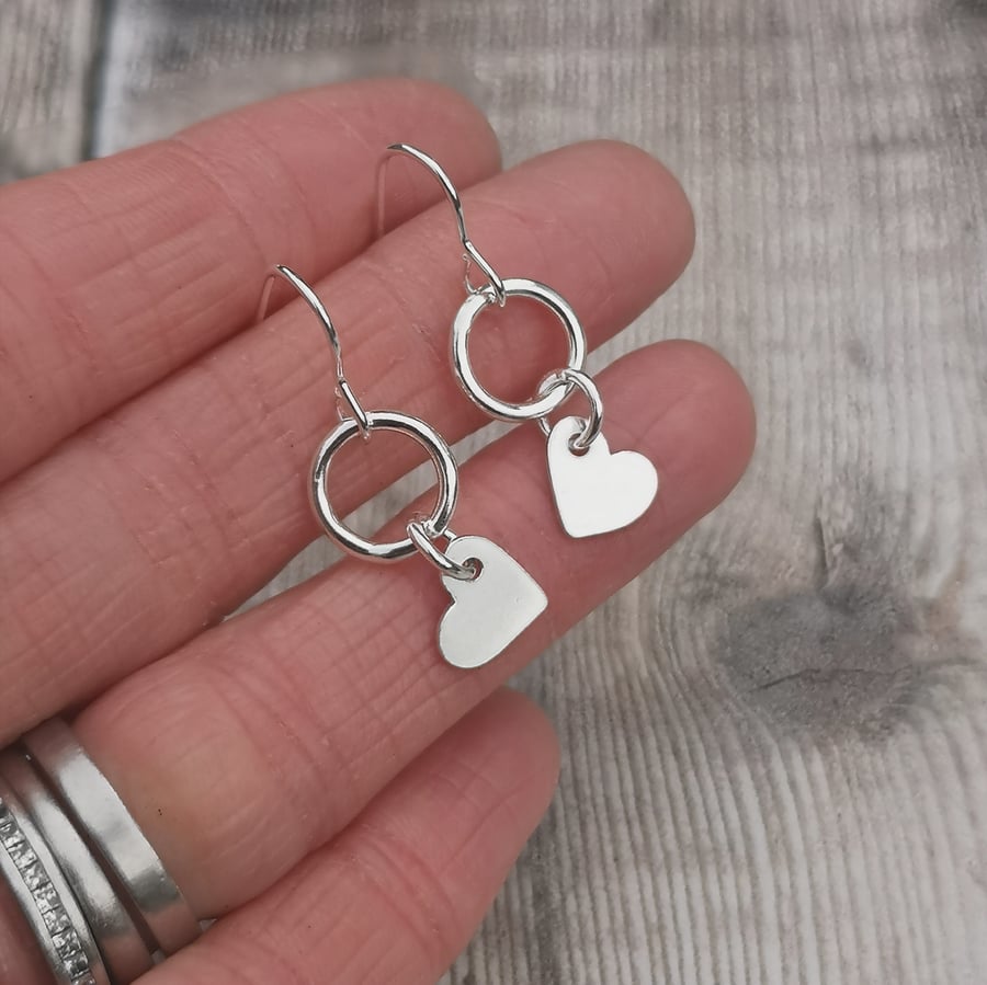 Sterling Silver Heart and Polished Hoop Circle Drop Earrings