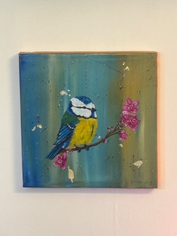Semi-Abstract Blue Tit Original Acrylic Painting – Pink Blossom & Gold Leaf