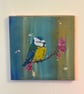 Semi-Abstract Blue Tit Original Acrylic Painting – Pink Blossom & Gold Leaf