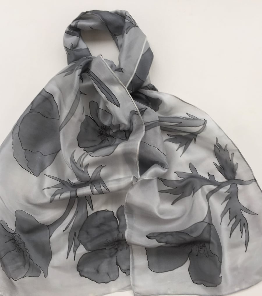 Dark Grey Poppy hand painted silk scarf