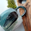 Small rustic mug,tea cup, water colour design teal blues greens design no 2