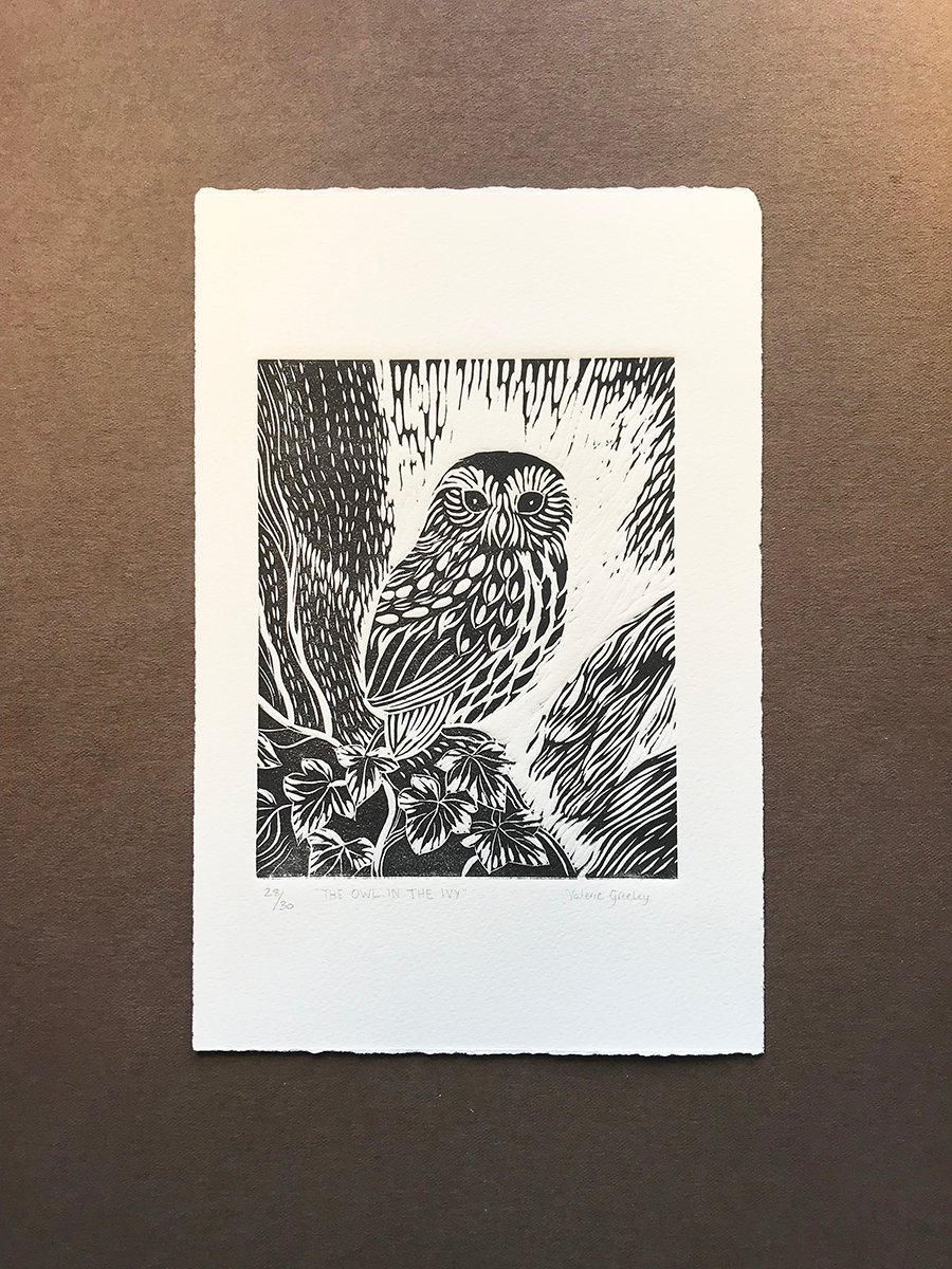 The Owl In The Ivy original Lino print by Valerie Greeley