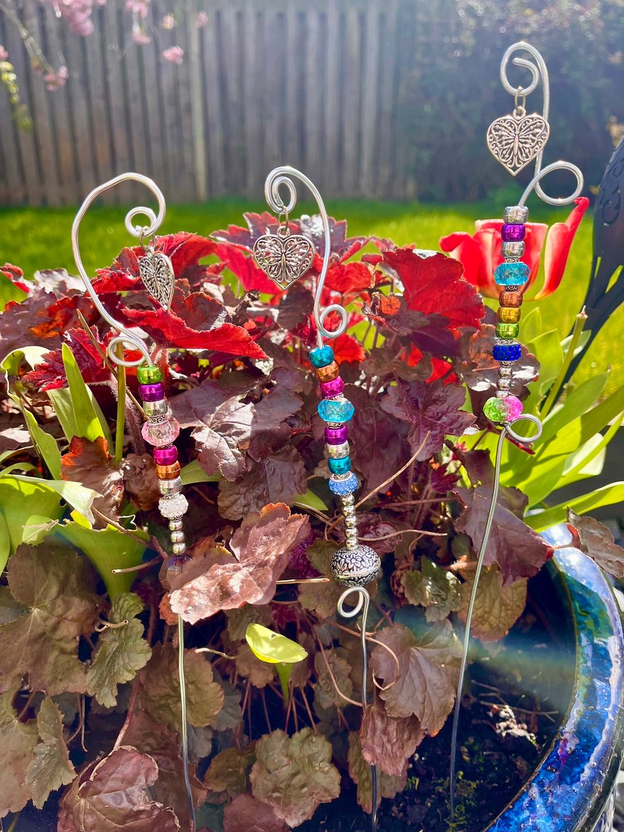 Set of 3 Garden Fairy Wands with Heart Charm, Garden Stake , Flower Pot Stake