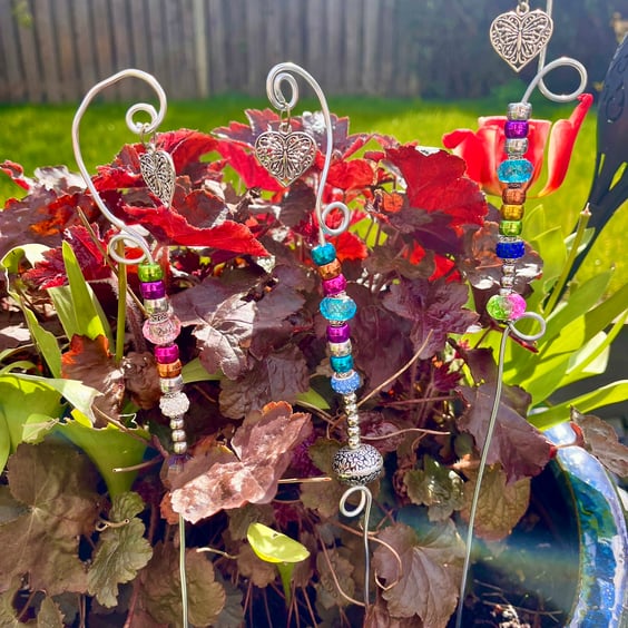 Set of 3 Garden Fairy Wands with Heart Charm, Garden Stake , Flower Pot Stake