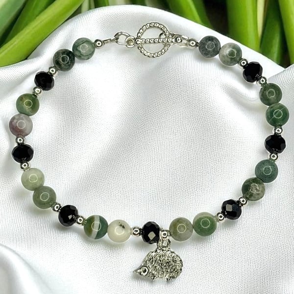 Tree Agate Beaded Bracelet With Hedgehog Charm