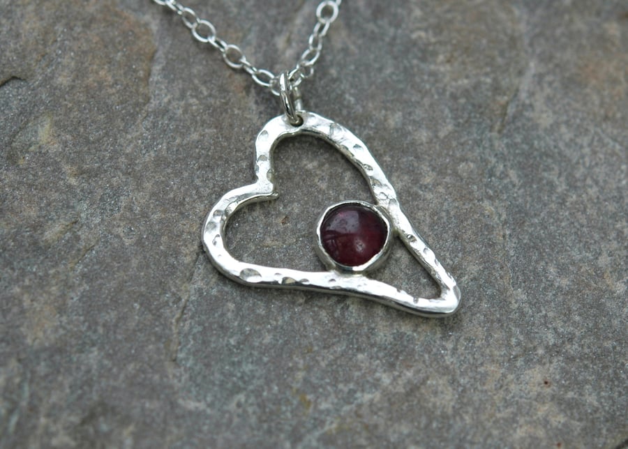 Sterling Silver Heart Pendant with Garnet Gemstone, Valentine's gift