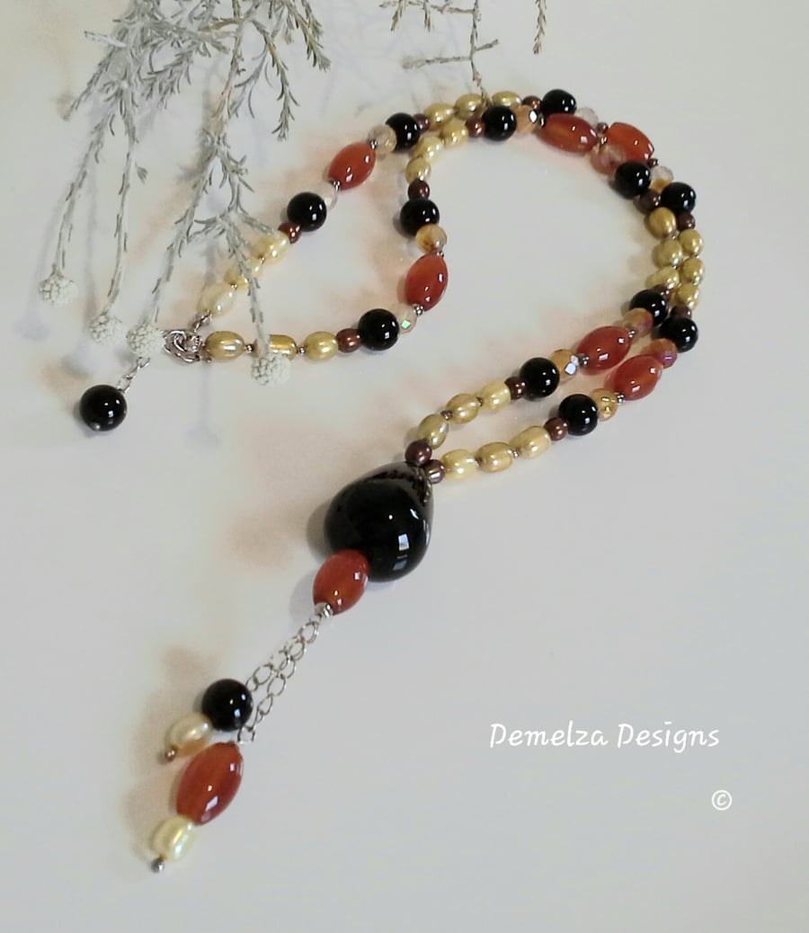 Freshwater Pearl, Carnelian, Black Onyx, Large Onyx Pendant Style Necklace