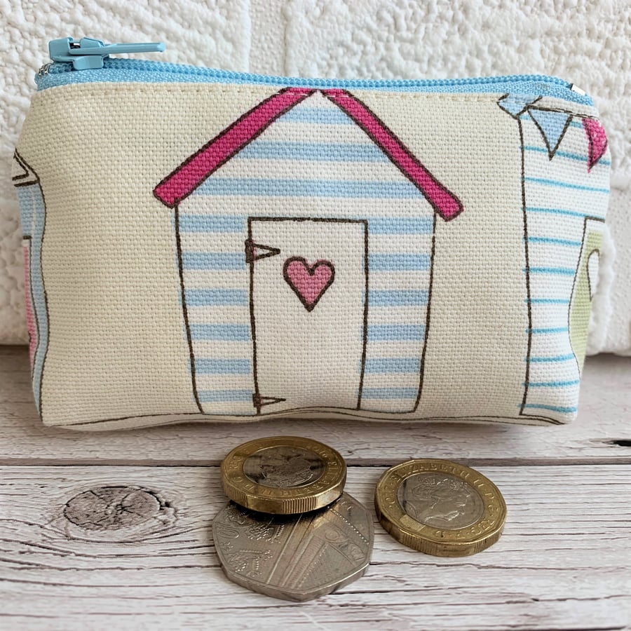Small purse, coin purse with pastel striped beach hut
