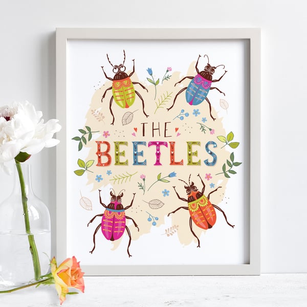 'The Beetles' illustration print, nursery wall art, free UK shipping.