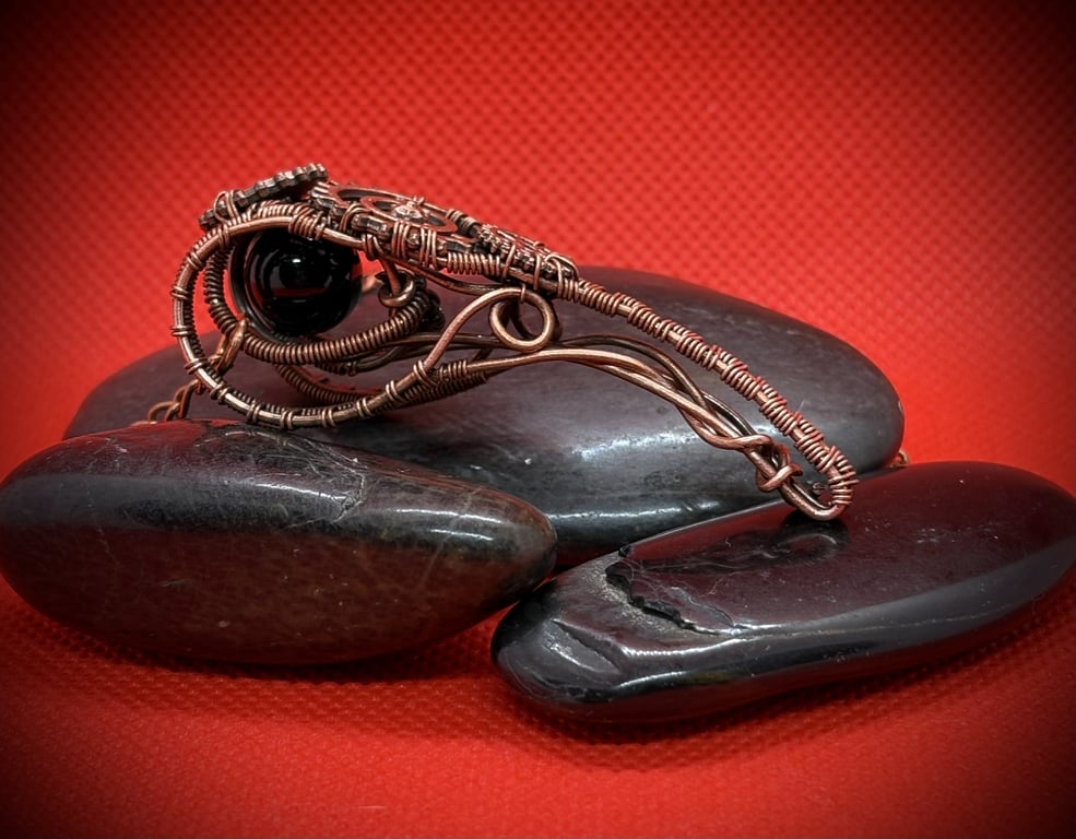Antique copper steampunk Raven skull with Obsidian
