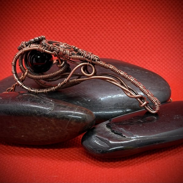 Antique copper steampunk Raven skull with Obsidian