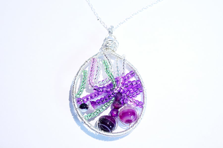 Purple green and silver agate and seed bead wire wrapped pendant with chain