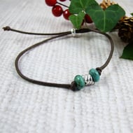 Silver Coil Bracelet, Waxed Cotton Cord with Turquoise