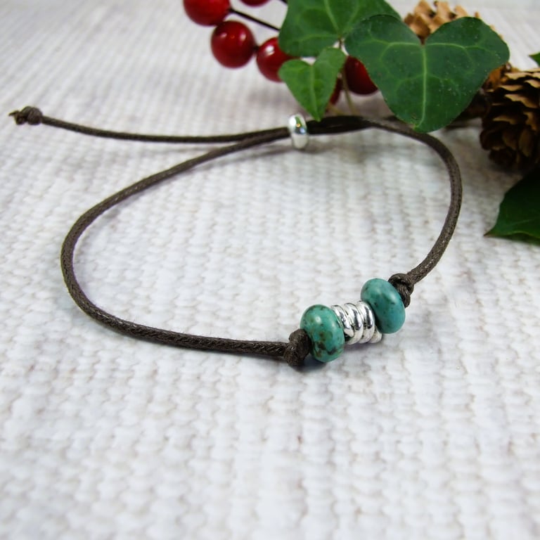 Silver Coil Bracelet, Waxed Cotton Cord with Turquoise