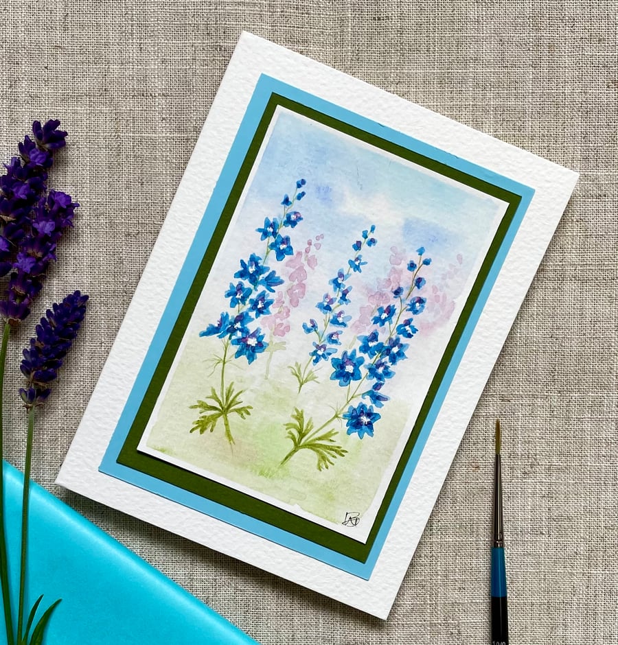 Hand painted blank card, Larkspur, floral card, one of a kind, July birthday.
