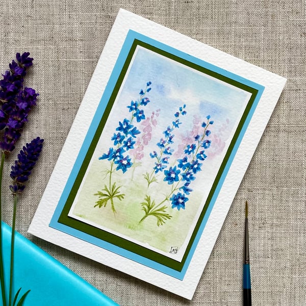 Hand painted blank card, Larkspur, floral card, one of a kind, July birthday.