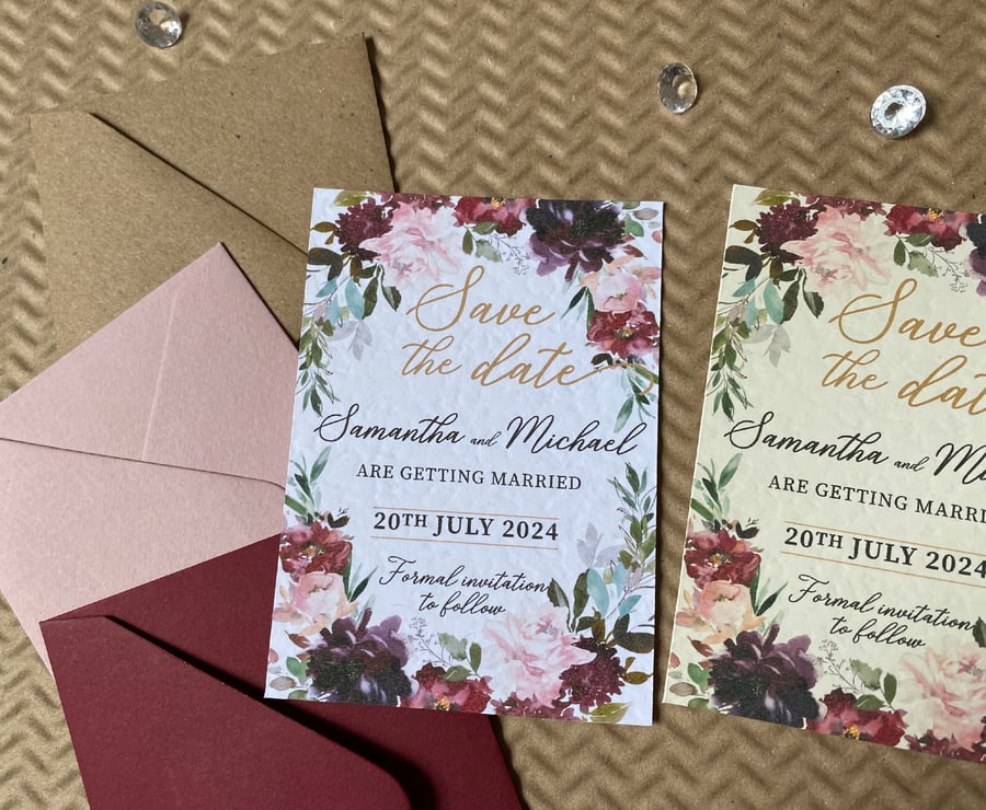10 Burgundy blush pink peonies SAVE the DATE wedding invitations invites